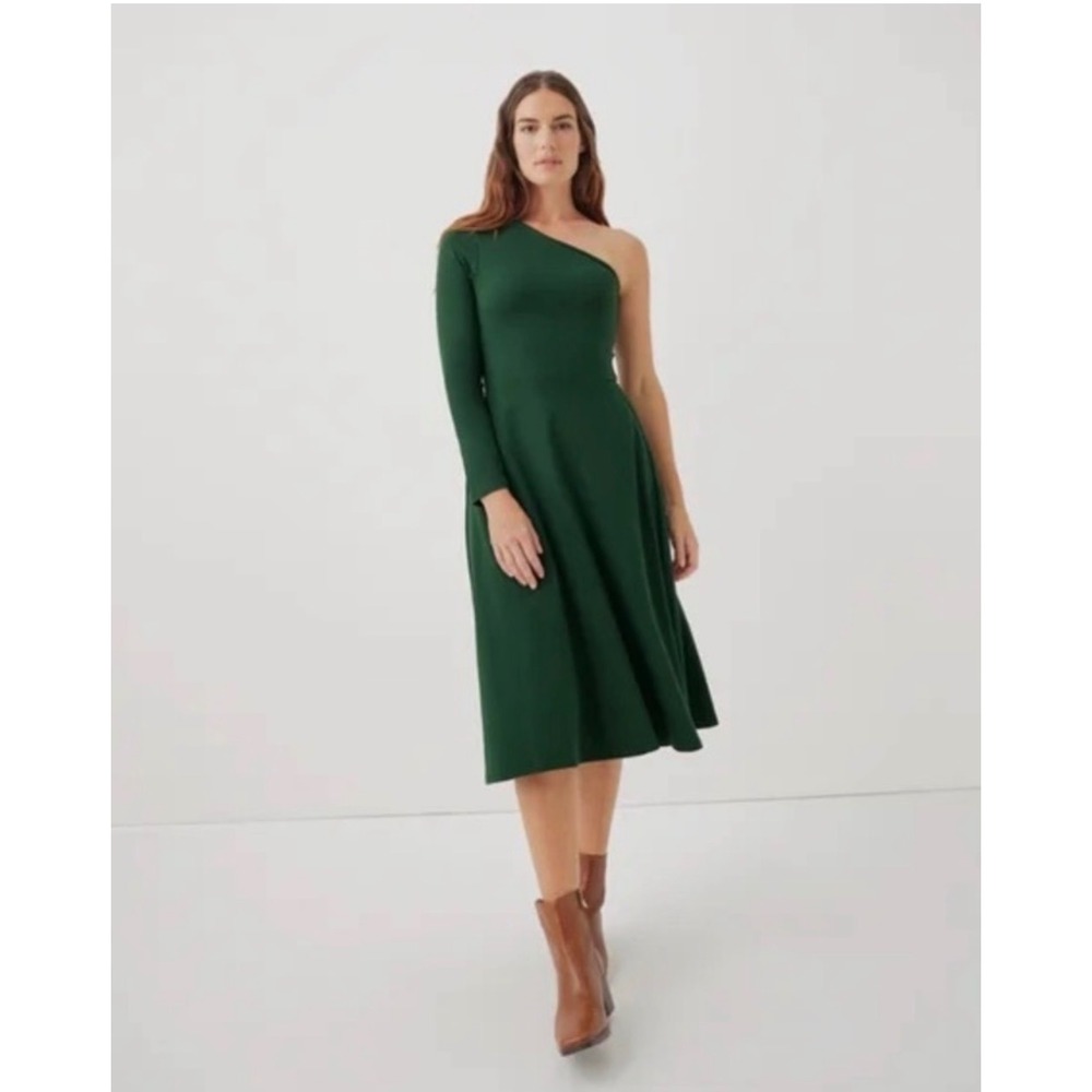 Pact Dress One Shoulder Midi Size M Organic Cotton Green Minimalist Aesthetic